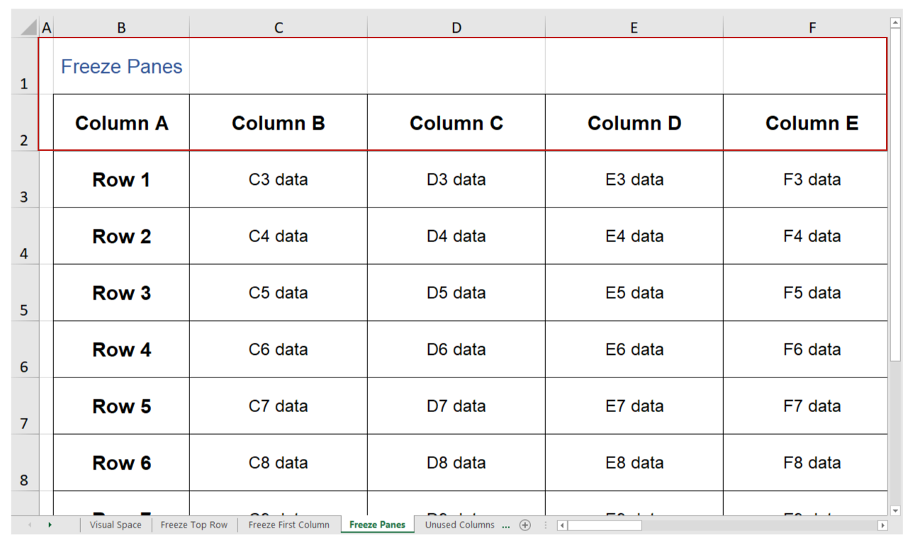 Screenshot of the 'Freeze Panes' sheet with the first two rows highlighted.