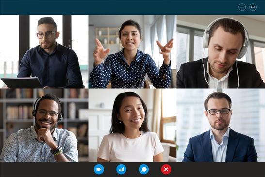 Friendly faces of people communicting online.